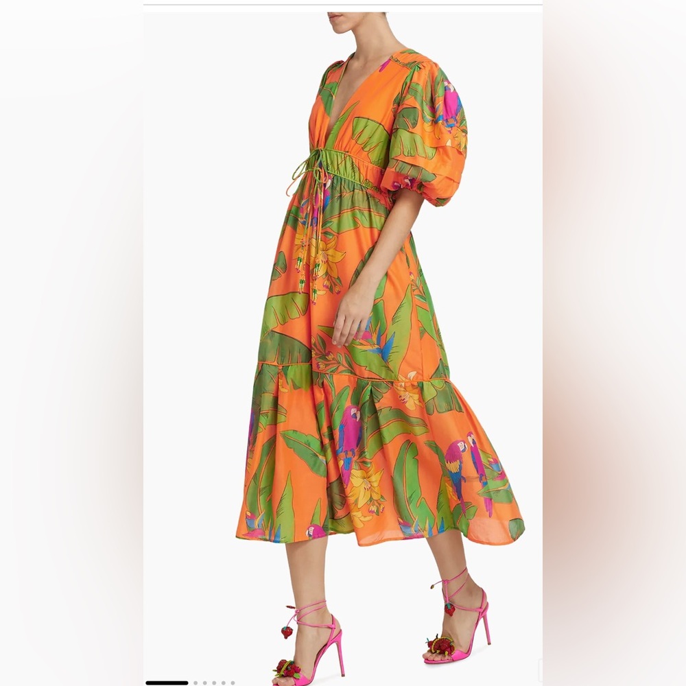 NWT Farm Rio x Anthropologie Fresh Macaws Puff-Sleeve Maxi Dress Size XS